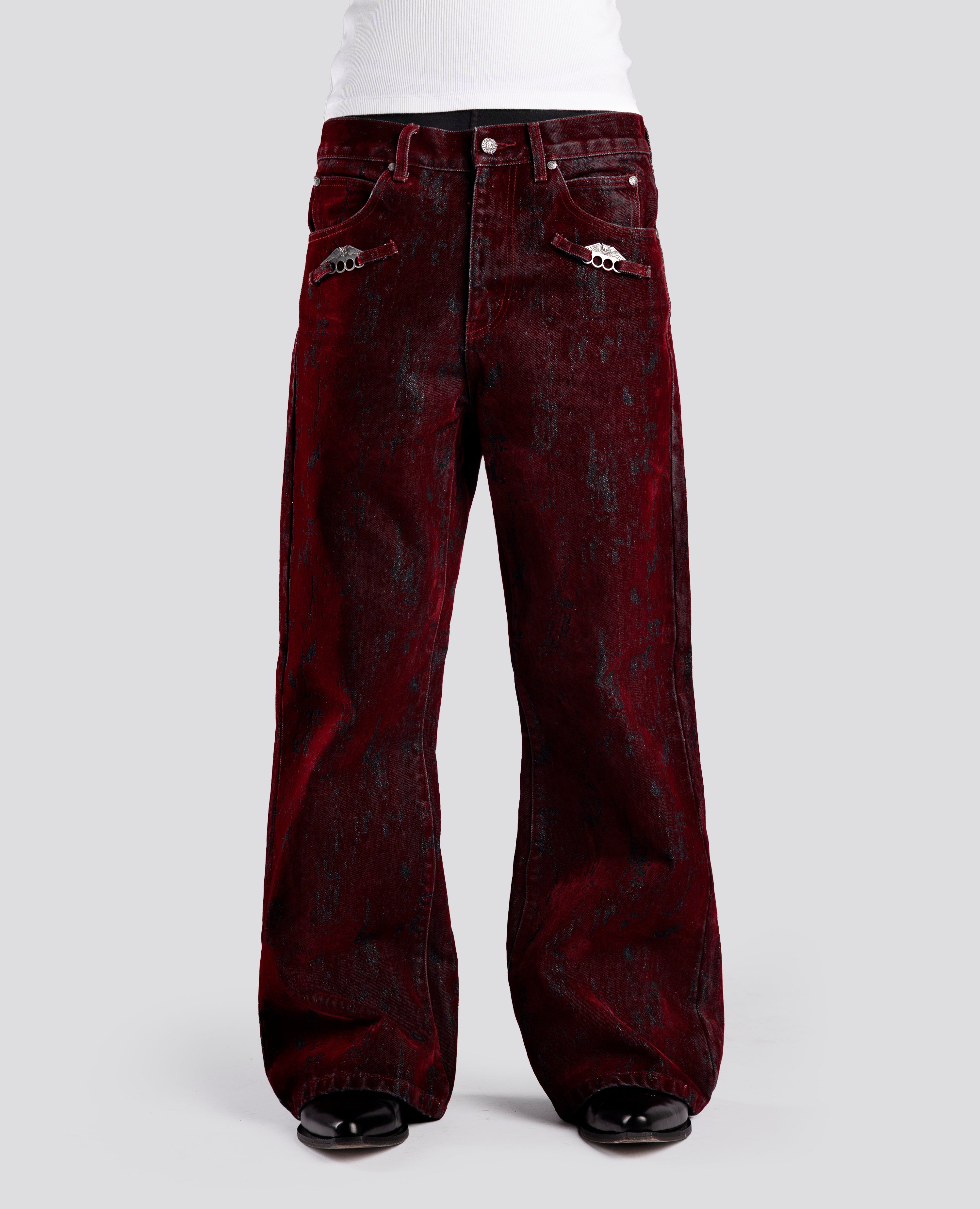 RED KNUCKLE BOOTCUT VELVET PANTS